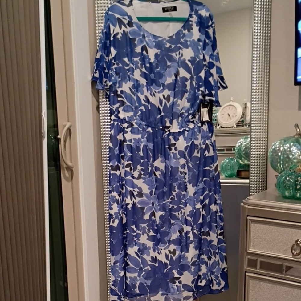 NWT Kasper Luxe Blue and White Floral Midi Dress SZ XXL MSRP $99